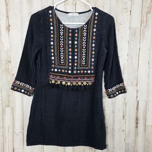 Mango Boho Embroidered Bead Folk Dress Black Geometric Size 2